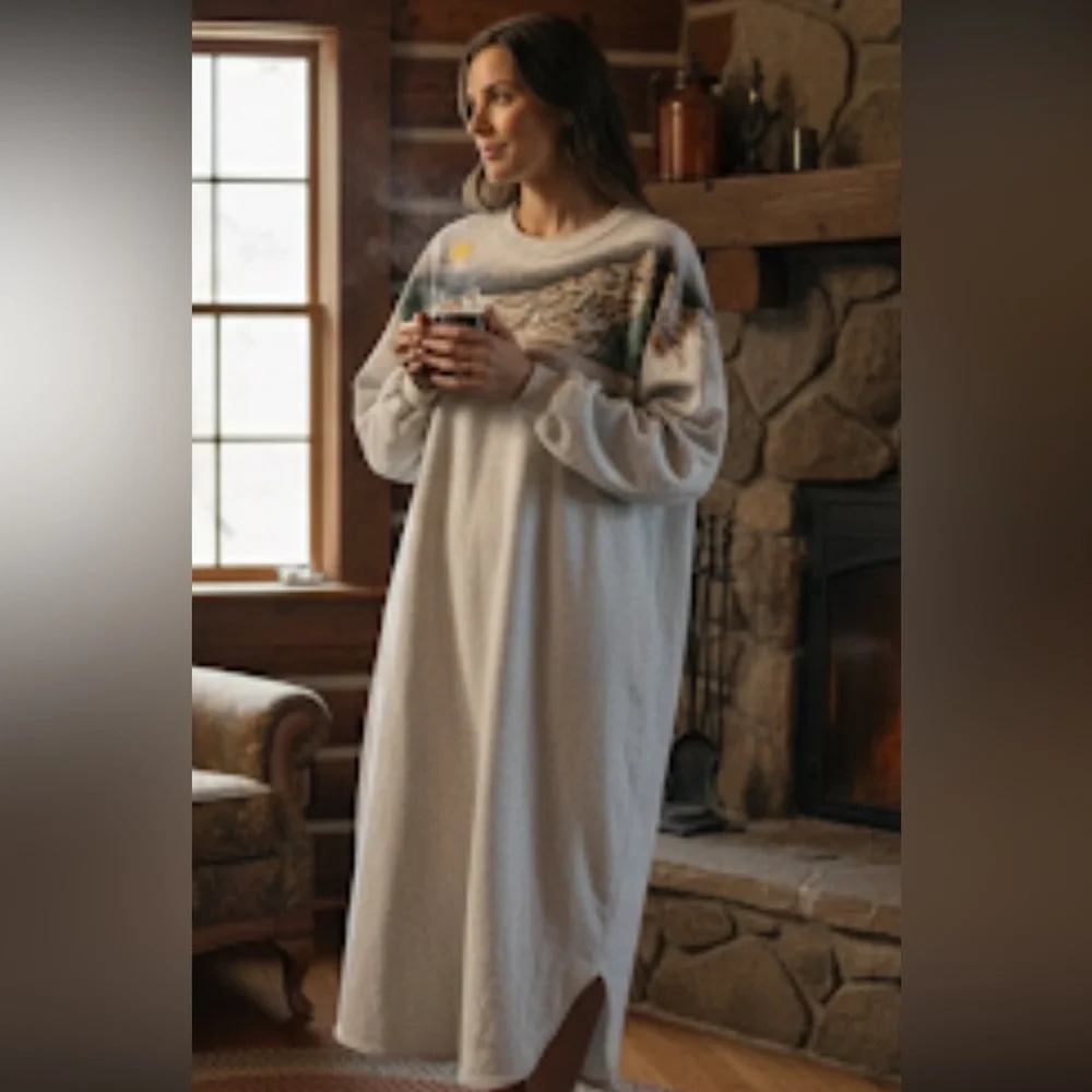 VINTAGE gray sweatshirt nightgown wolves 80s OSFA pajamas dress one size - Picture 2 of 5